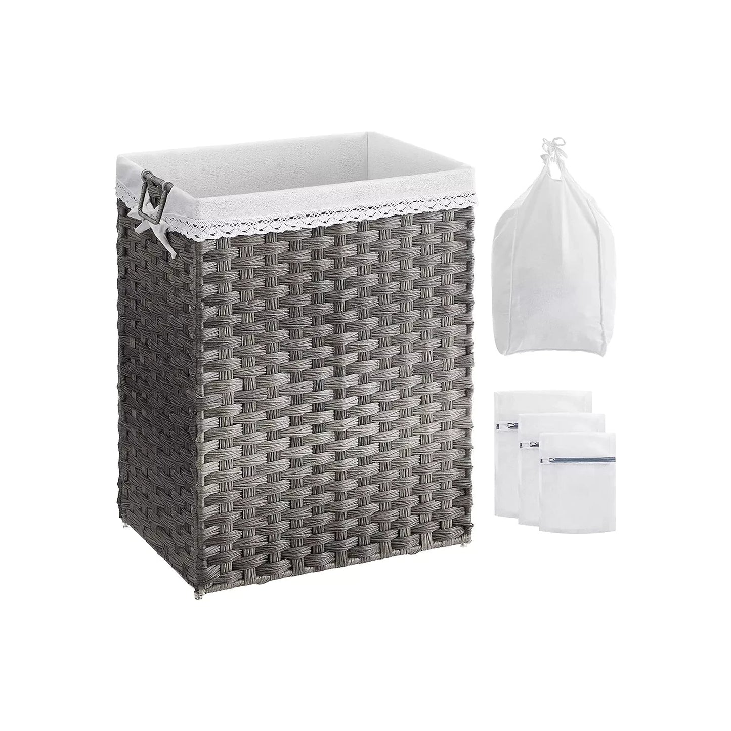 In And OutdoorMatch Wasmand Livy - Met handvatten - Wasbox - Wit - Rechthoek - Wassorteerder - 90L Wasverzamelaar Uitneembare binnenzak - Grijs Wasmand