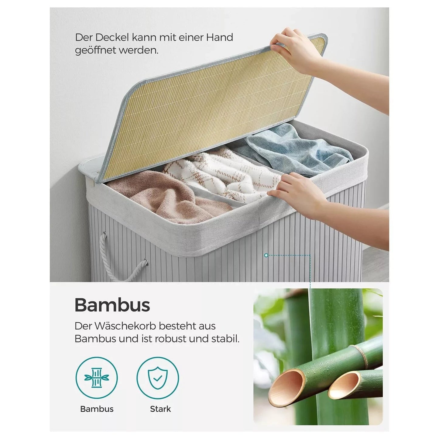 In And OutdoorMatch Wasmand Shayna - Wasmand - Bamboe Wasmand - met Handgrepen - 3 Compartimenten - Deksel met Clips - 150L Opvouwbaar - Wasruimte - Slaapkamer - Badkamer - Wit Wasmand