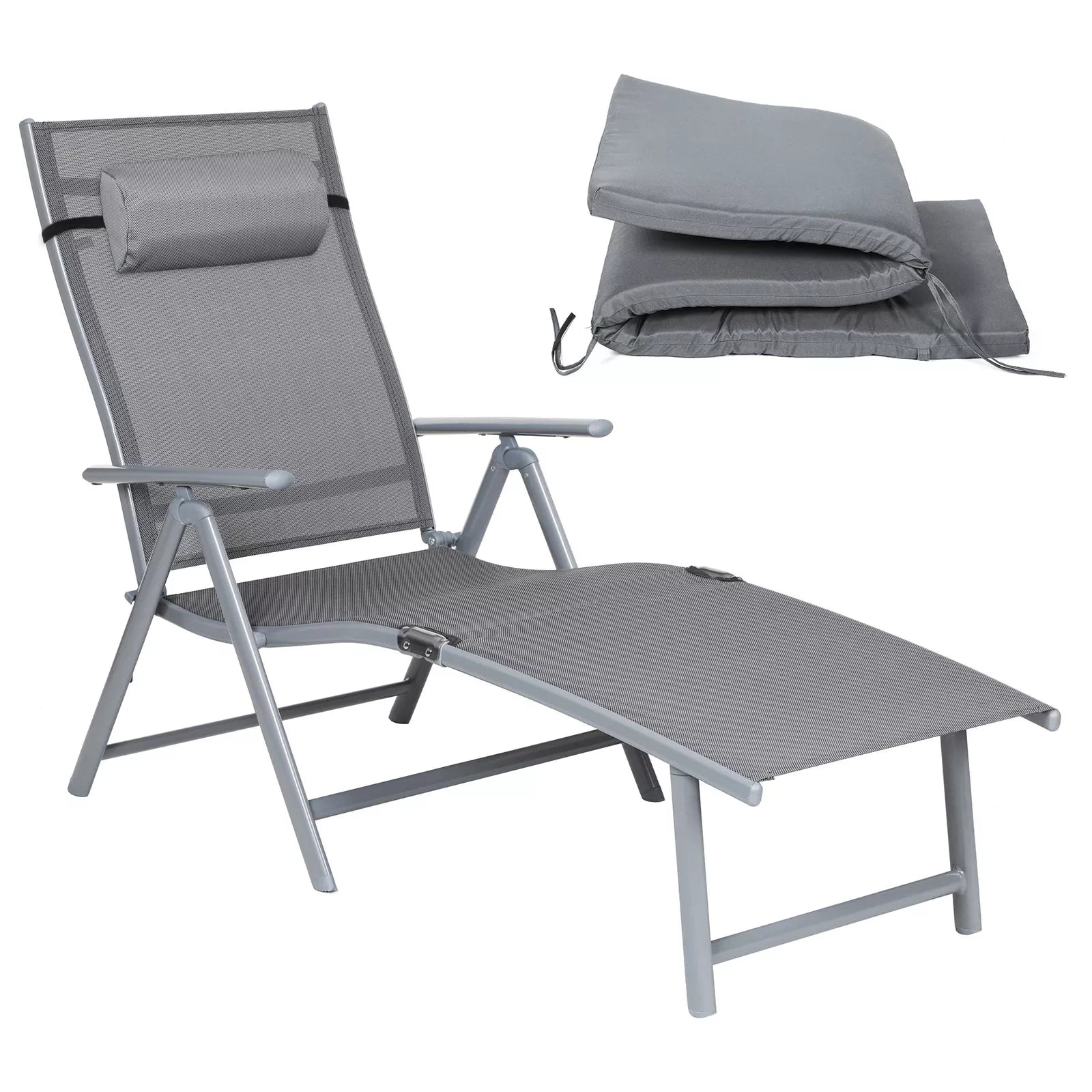 In And OutdoorMatch Zonnebank Elta - Met armleuning - Ligstoel - Tuinligstoel - Loungebank - Grijs - 150kg - 183cm - Dik matras Lounge stoel