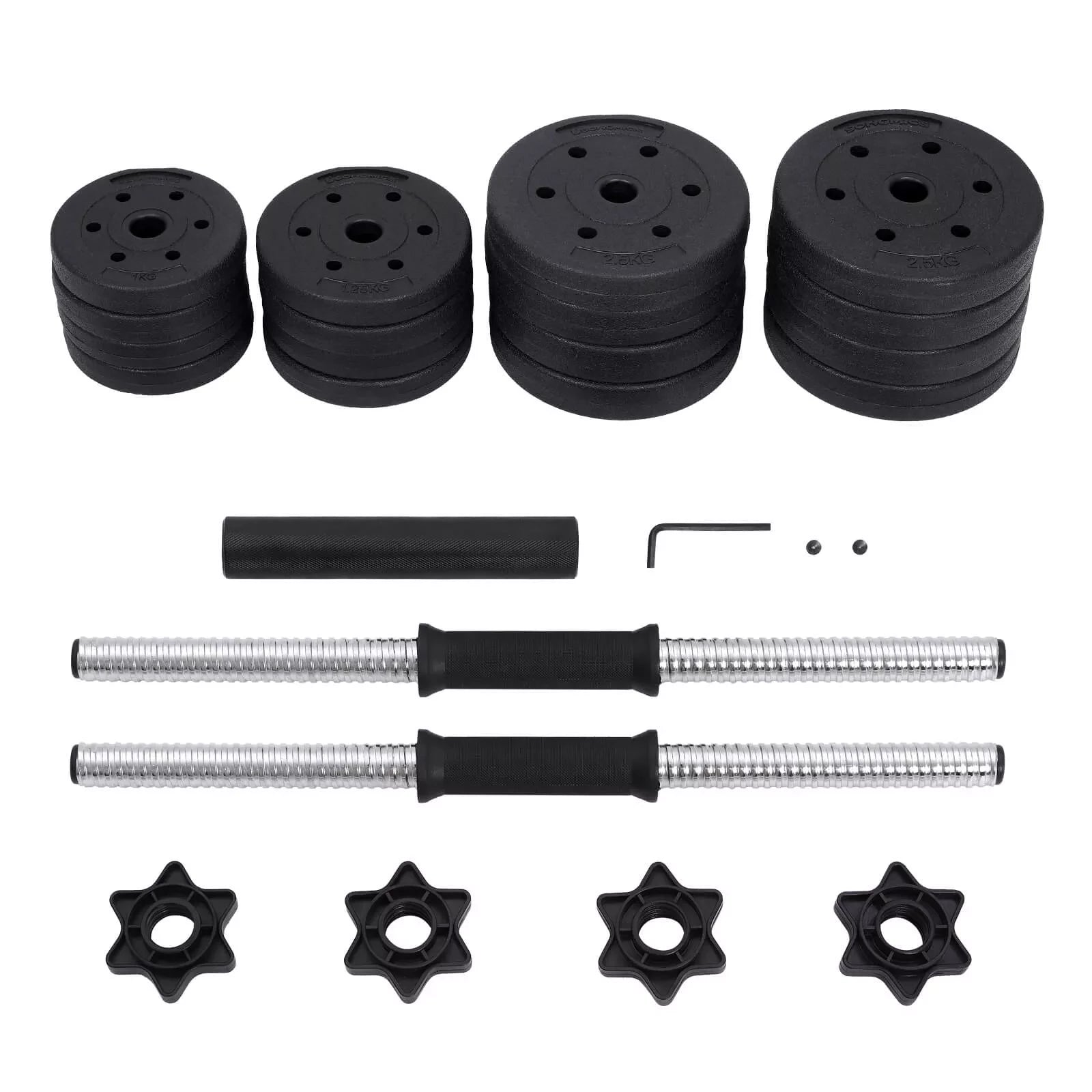 In And OutdoorMatch verstelbare kunststof halter Kaden - gewichten - dumbells Kaden - dumbells verstelbaar - met verbindende stalen buis - 2 x 15 kg - 35 x 14 cm Dumbell set