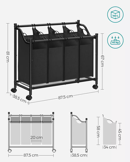 In And OutdoorMatch wasmand Huki - wasverzamelaar - Zwart - 4 uitneembare stoffen zakken wasgoed - op wielen - 4 x 35 liter Wasmand