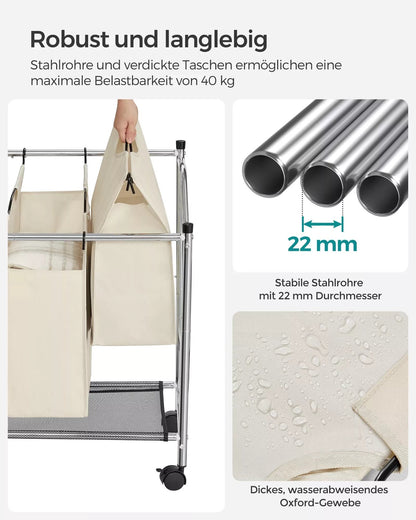 In And OutdoorMatch wasmand Sergi - wasverzamelaar - Creme - 4 uitneembare stoffen zakken wasgoed - op wielen - 4 x 35 liter Wasmand