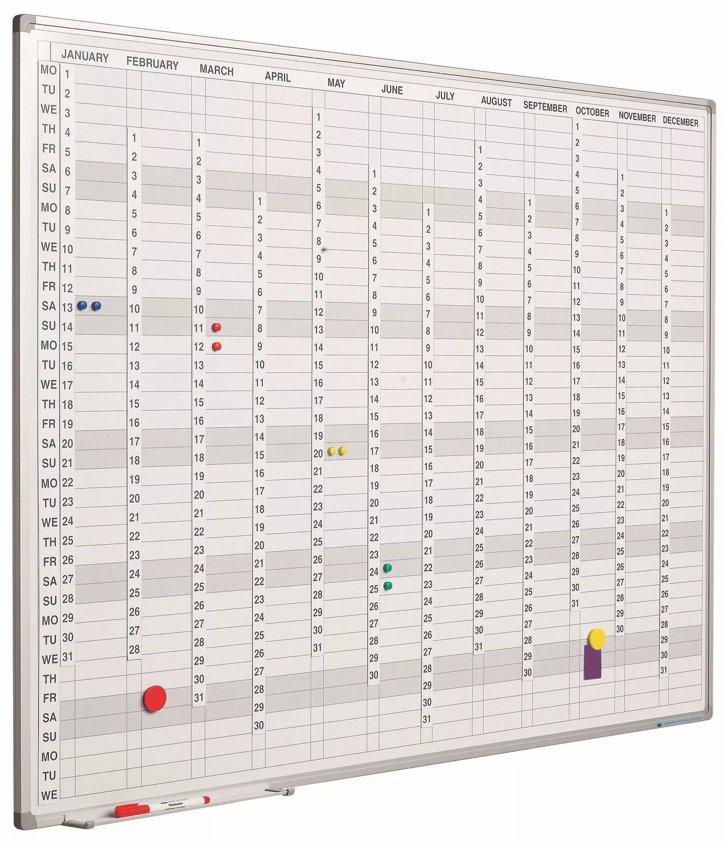 Whiteboard PRO Florentino - Emaille staal - Incl. maand/dag/cijferstrips - Weekplanner - Maandplanner - Jaarplanner - Magnetisch - Wit - Engels - 90x120cm Planbord