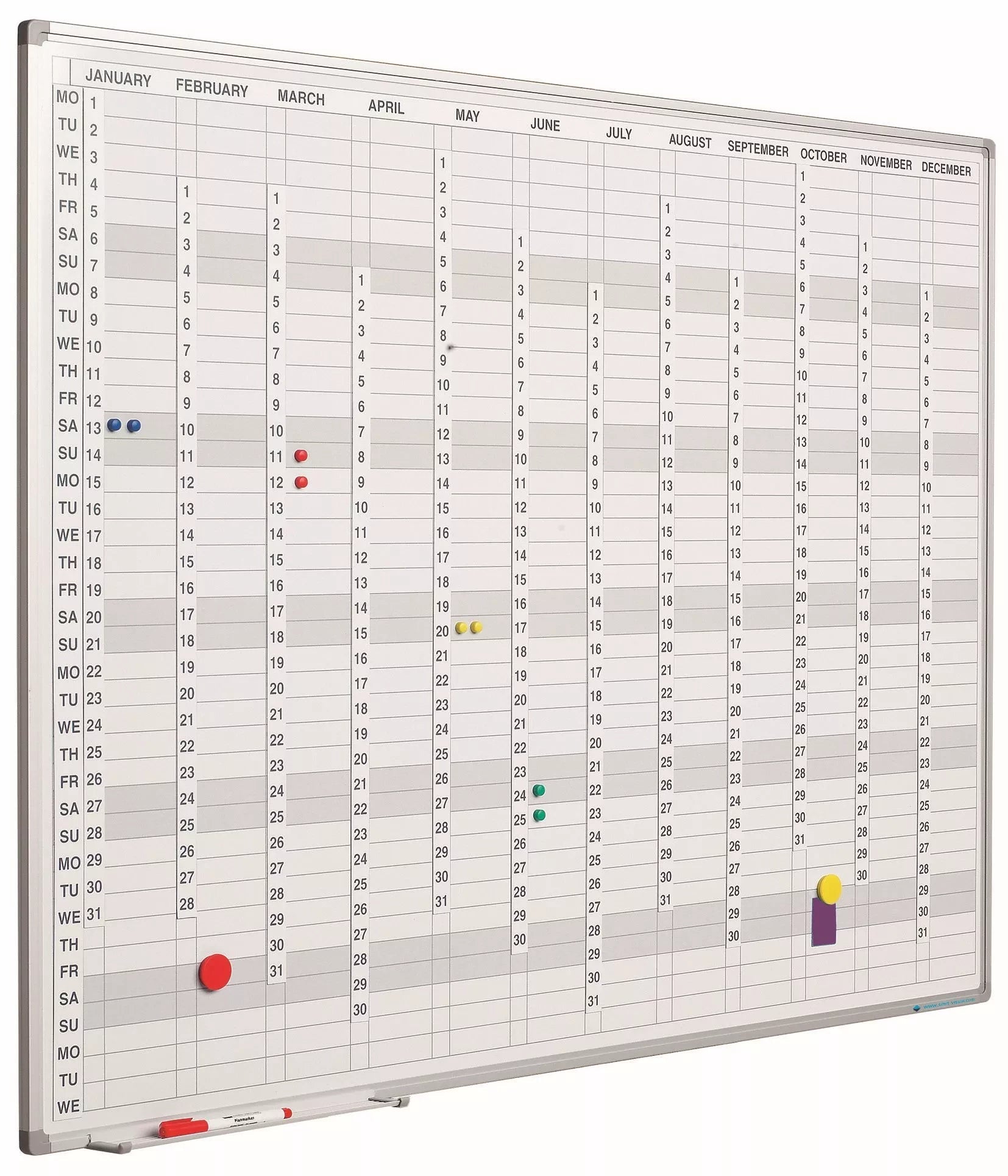 Whiteboard PRO Mcbride - Emaille staal - Weekplanner - Maandplanner - Jaarplanner - Magnetisch - Wit - incl. maand/dag/nummerstroken - Engels - 60x90cm Planbord